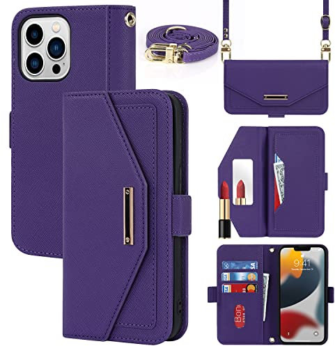 Cavor Case compatible with iPhone 13 Pro Max Phone Case With Strap,Crossbody Flip Leather Wallet Case,[5 Card Holder][Mirror][Magnetic],Lanyard Case Cover for women - Purple