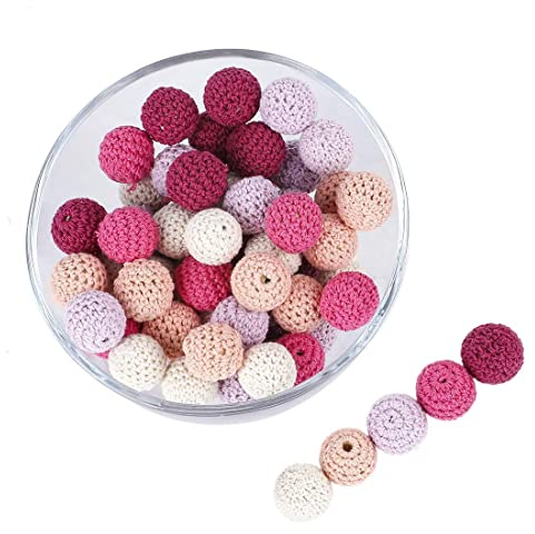 Promise Babe Erwachsene 16mm 40 PC Bunt Runde Gehäkelt Holzperlen mit Loch zum Auffädeln, Handgefertigt Natur Holzkugeln DIY Schmuck Halskette Armband Selber Machen Basteln Crocheted Wooden Beads