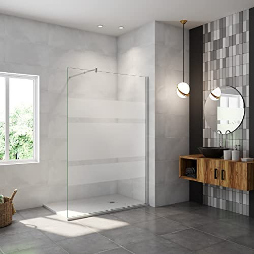 AICA paroi de douche à l'italienne 140x190cm en 6mm verre avec bandes horizontales sérigraphiées, livré avec barre de fixation extensible 70-120cm en cylindrique