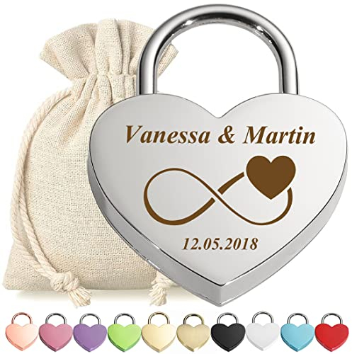 Lucchetto dell'amore in argento con incisione personalizzata, motivo infinito, con sacchetto regalo, adatto per matrimonio, anniversario, San Valentino, regalo di coppia, uomo, donna