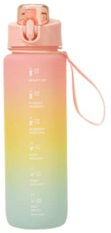 Teogneot 1 Liter Sport Trinkflasche mit Stroh, BPA-frei, Auslaufsicher, Zeitmarkierungen für Sport, Gym, Fitness, Fahrrad, Camping, Yoga, Rosa