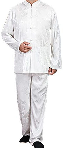 YEMYIQZ Kung Fu-uniform för män skjorta kostym kinesisk traditionell Tang Hanfu kampsport vinge Chun Tai Chi träningsduk byxor, Vitt, Medium