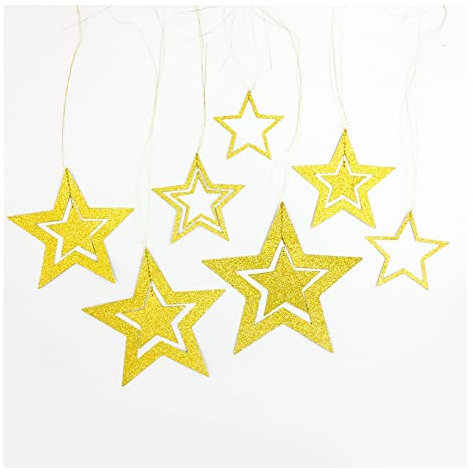 Yurosiay Glitzer Sterne zum Aufhängen 7er Set Aushöhlen Glitzernder Papiersterne Deko Groß Hängedeko Stern Weihnachtsdeko Stern Sterne Aufhängen für Hochzeit Party Christbaum Deko Gold