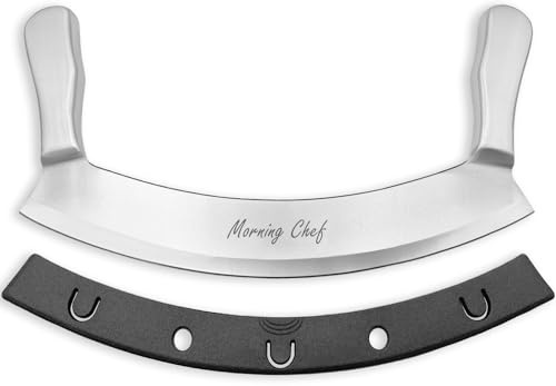 Morning Chef 12 Stainless Steel Mezzaluna Knife | Pizza Cutter | Chopper Dicer Mincer | Curved Blade with Steel Handles | Mezzaluna Sheath Pizza Cutter Rocker, Rocker Knife Veggie Cutter