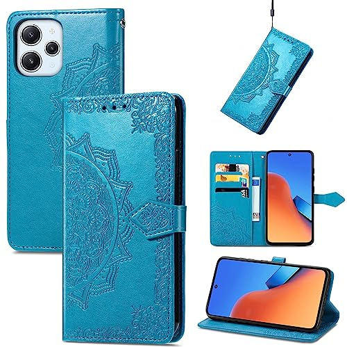 Fertuo Cover per Xiaomi Redmi 12, Custodia Portafoglio a Libro in Pelle Flip Cover con Porta Carte, Chiusura Magnetica [Disegni di Mandala] Case Antiurto per Xiaomi Redmi 12, Blu