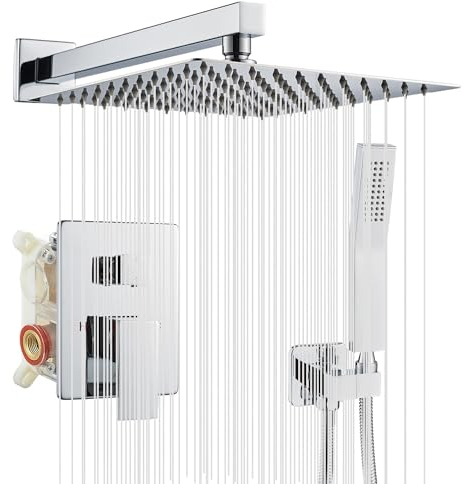 OUGOO Unterputz Duscharmatur Set, 25×25cm Eckig Regendusche Unterputz Duschamaturenset mit Regenduschkopf und Handbrause, Duschset Duschsystem aus 304 Edelstahl und Messing, Chrom