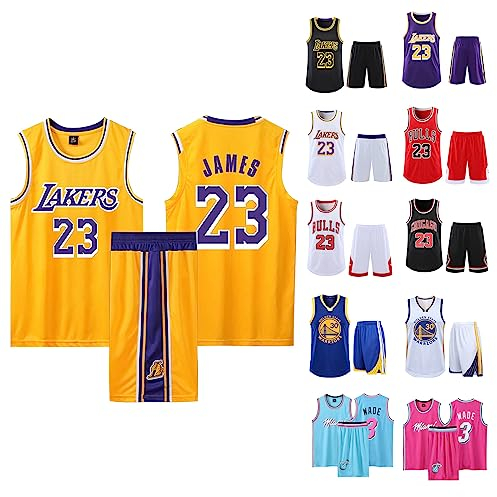 2-Teiliges Kinder/Erwachsene Basketball Jersey,Kinder/Erwachsener Basketball Jersey & Basketball Shorts,Kinder/Erwachsener ärmelloses Atmungsaktives Basketball T-Shirt Weste und Shorts Gelb M