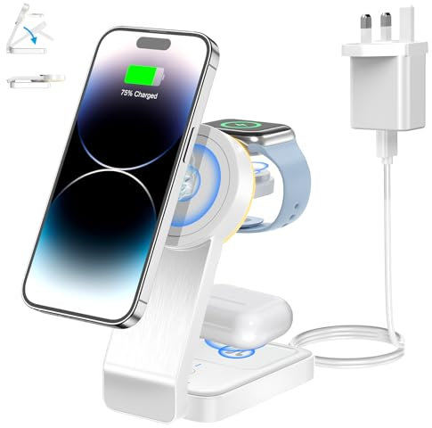Foldable Travel Magsafe Charger,ADADPU 3 in 1 Fast Charging Station for Apple Watch Series 9/8/7/6/SE/5/4/3/2,Wireless Charging Stand for Multiple Devices iPhone 16/15/14/13/12 Pro Max,Airpods Pro/2/3