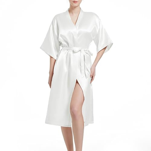 JCQIGOA Peignoir Femme Satin Kimono Mariée Robes de Chambre Peignoir Bride Femme Satin Kimono Mariee Sexy Soie Kimonos Col V avec Ceinture