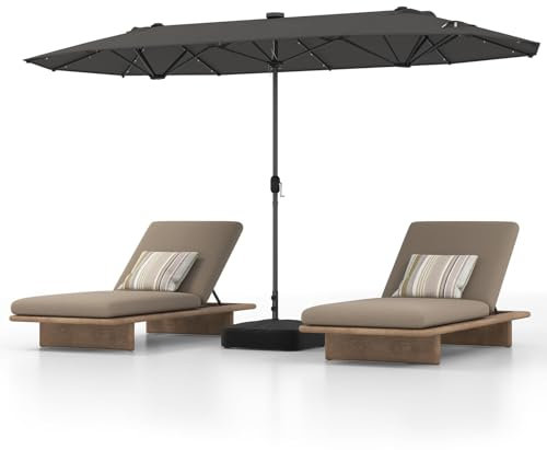 RELAX4LIFE Sonnenschirm, Doppelsonnenschirm mit Ständer & Handkurbel, Großer Marktschirm 400 x 200 cm, Gartenschirm, Terrassenschirm, Sonnenschutz (Grau, Mit LED-Solar-Beleuchtung)