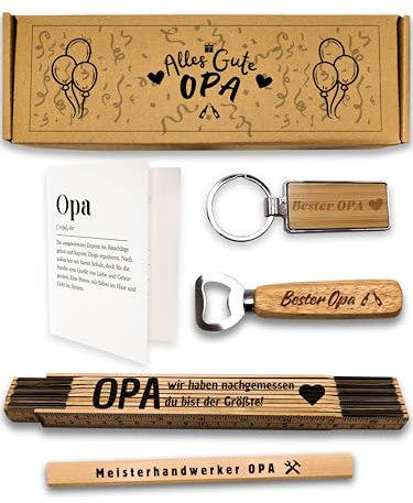 Presentix® Opa Geschenkset (Flaschenöffner, Zollstock, Bleistift & Schlüsselanhänger) Geschenke für Großväter, Geburtstagsgeschenk für Männer, Opa Geschenke