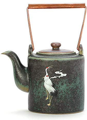 NobeOnbe Pot Portable Motif Grue, théière rétro en céramique, poterie Brute poignée en cuivre théière