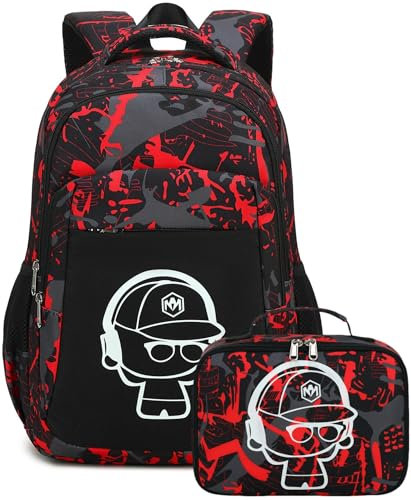 LEDAOU Kinder Schulrucksack Schulranzen Jungs Mädchen Teenager Rucksack Schule mit Lunchtasche Vorschule Grundschule (Graffiti Rot)