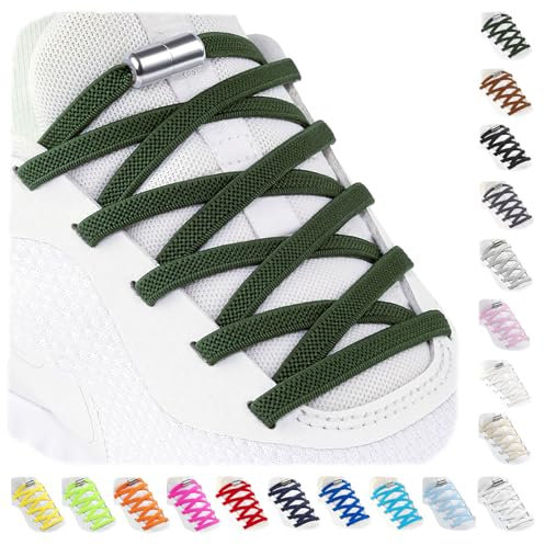 Stepace 2 Pares Cordones Elásticos con Cerradura de Metal, Cordones Ajustables sin Atar para niños y Adultos, Cordones de Zapatos Sin Nudos para Zapatillas Deportivas Verde Military