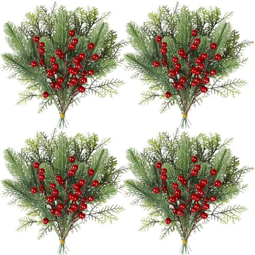 Famibay 72 ramas de aguja de pino artificial, tallos de bayas rojas, hojas verdes, púas de pino, ramas de pino de Navidad, plantas falsas para árbol de Navidad, guirnalda, corona, manualidades