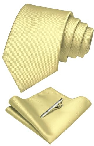RBOCOTT Light Yellow Silk Tie and Pocket Square, Necktie Tie Clip Set for Men (83)