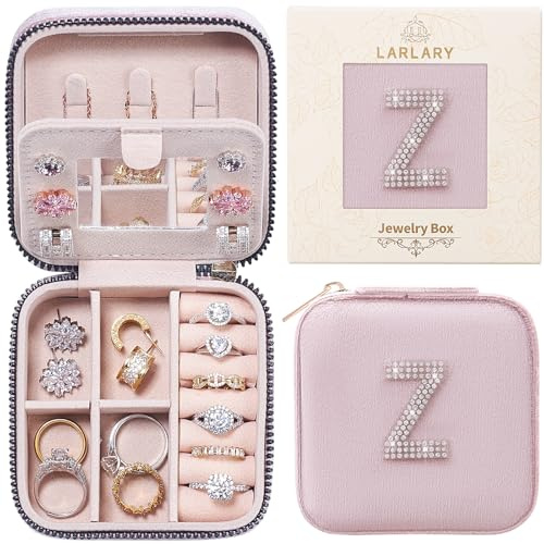 Larlary Reise Schmuckkästchen, Reise Schmuckkästchen für Ringe, Ohrringe, Halsketten und Armbänder mit Buchstaben - Rosa (Z)