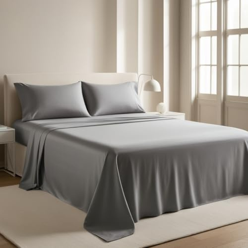 Flat Sheet 100% Egyptian Cotton, 200 Thread Count, Premium Hotel Quality Ultra Soft Bedding | Luxury Non-Iron, Wrinkle, Stain & Fade Resistant Top Sheet (Silver, King)