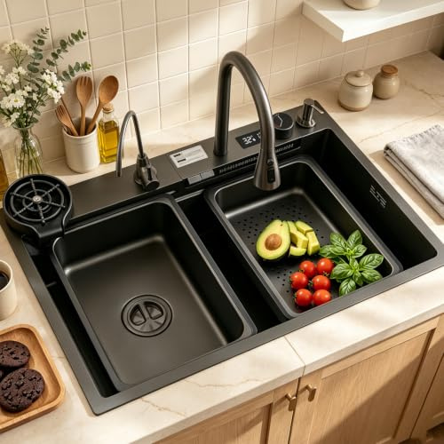 DSMRLEOP Wasserfall spüle, 85x45cm Multifunktionale Spülbecken Schwarz, 1 Becken Spüle Küche Edelstahl Rechteck mit Zubehör wie Abflusskörbe, Siphon und Ablauf-Set,Wasserhahn mit sichtbarer Temperatur