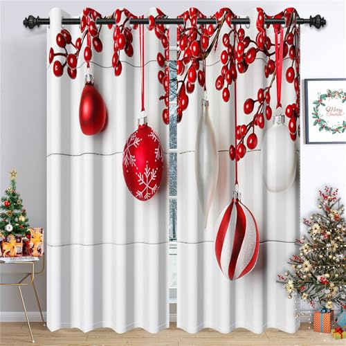 Ttincceer Weihnachtsvorhang für Wohnzimmer Rot Weihnachten Ornament Kugeln Winter Grau Holz Verdunkelung Schlafzimmer Vorhänge Wärmeisolierte Fenster Vorhänge für Schlafzimmer Dekor 145x225cm