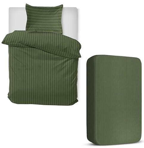 MOONLIGHT20015 3 Piece Single Bedding Set Satin Stripes Duvet Cover Fitted Sheet with Pillow case Hotel Quality Soft Brushed Microfiber Olive Green