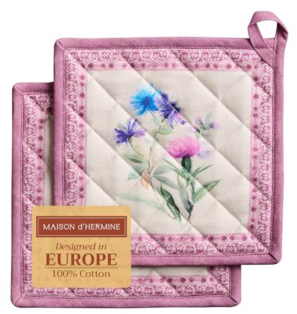 Maison d'Hermine Topflappen-Set, 100% Baumwolle (20 cm x 20 cm, 2er-Pack) | Hitzebeständig mit Schlaufe zum Grillen Backen Anfassen heißer Pfanne, Frühjahr Sommer - Chardon