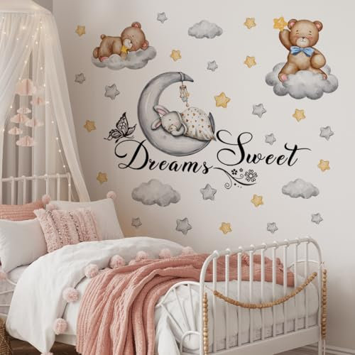 Purekay Wandtattoo Kaninchen auf Mond Wandaufkleber Tiere Wolken und Sterne Wandsticker Kinderzimmer Babyzimmer Schlafzimmer Wanddeko Deko