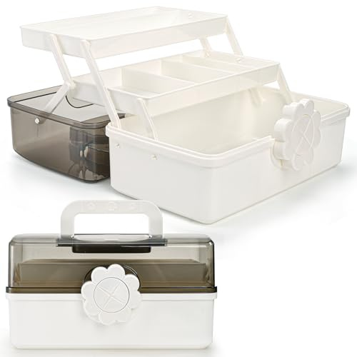 ZOOFOX 3 Layer Multipurpose Dividing Storage Box, Plastic Craft Storage Boxes with Compartments, Folding Tool Box Organizer with 2 Trays, Home Utility Case for Medicine, Sewing, and Hair Accessories