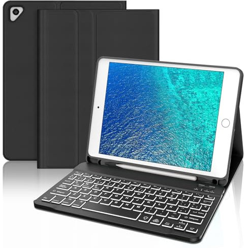 SENGBIRCH Teclado para iPad 6 Generación 9.7, Bluetooth Desmontable, Funda Teclado Español Ñ Magnética Retroiluminación para iPad 6a Gen 2018/5a Gen 2017/Pro 9.7 2016/Air 2 2014 y Air 1 2013, Negro