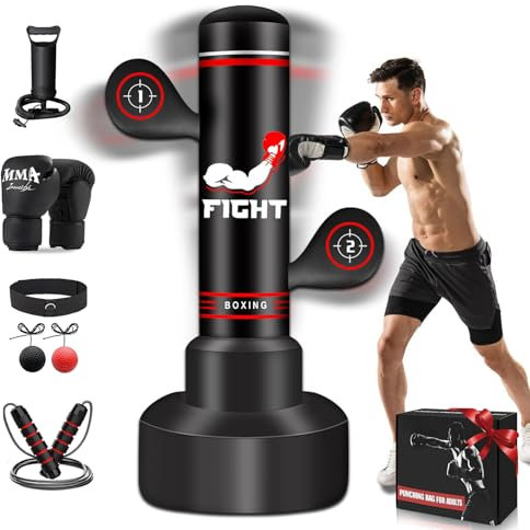 NZQXJXZ Verbesserter Boxsack Stehend für Erwachsene, 180cm Schwerer Boxsack mit Boxhandschuhen, Pumpe, Springseil und Reflexball, aufblasbarer Standboxsack für Männer zum Training von MMA, Fitness