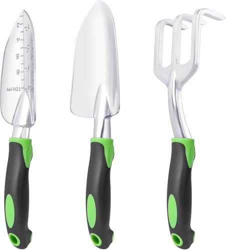 Gardening Tools Set, 3 Pcs Garden Tools Set with Trowel, Shovel & Hand Rake, Aluminium Garden Hand Tools Kit Lawn Planting, Gardening Sets Garden Accessories for Women Gardener