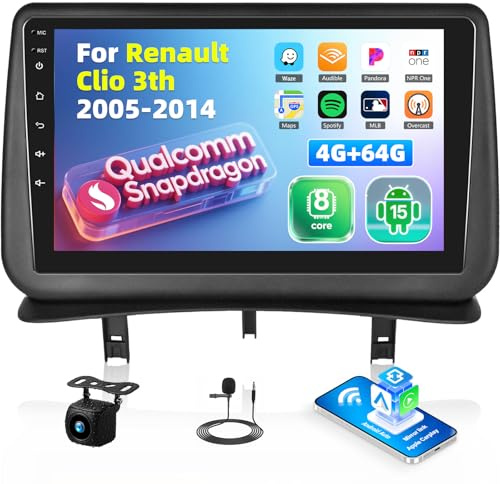 SIXTOP 4+64G 8 Core Android 15 Radio Coche para Renault Clio 3th 2005-2014 Pantalla Radio Coche 9 Pulgadas con Wireless Carplay Android Auto Mirror Link BT GPS WiFi FM RDS+Cámara de Marcha Atrás