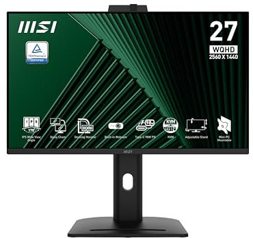 MSI Pro MP275QPDGDE Moniteur de bureau QHD IPS 68,6 cm (27) 16:9 HDMI/DP/LAN/USB-C PD98W 100 Hz 4 ms Sync Webcam