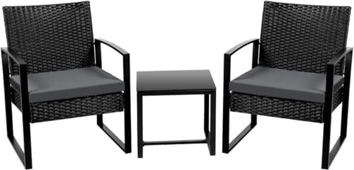 Brooklyn 3-Piece Outdoor Rattan Bistro Set – Modern Black Garden Furniture with 2 Chairs and Side Table, All-Weather Wicker Patio Seating for Balcony, Deck, or Conservatory