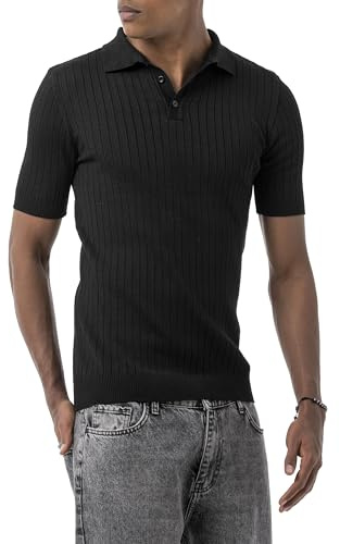 Redbridge by Tarz Cool Herren Strick Poloshirt mit Knopfleiste Kurzarm Retro Sommer Look Schwarz Gr.L