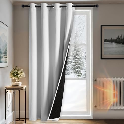 DWCN 100% Blickdicht Thermo Vorhang Kälteschutz H225 x B132cm Grau Weiß | 1 Stück, Doppellagige Gardinen mit Ösen Dicker Thermovorhang Kälteschutz Türvorhang, Kälteschutzvorhang Winter