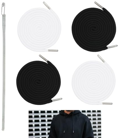 Lot de 4 Cordon de Serrage pour Pantalon de Jogging, Cordon pour Sweat à Capuche, Cordon Noir 160 cm avec Embouts en Métal, Enfileur de Cordon 227 mm pour Vêtements de Sport et Décontractés