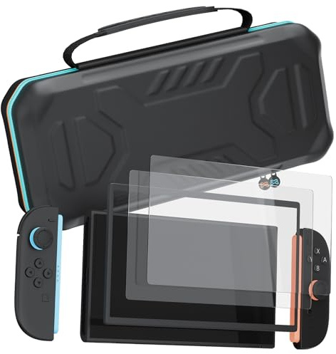 Hosanwell Tasche für Nintendo Switch 2 - Mit 2 Panzerglas, Ausrichtungsrahmen-Werkzeug und Spielkassetten-Slots, Schützender Hart Switch 2 Tragetasche für Konsole & Zubehör