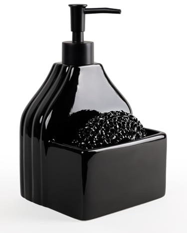 Autumnlife Seifenspender Keramik Schwarz, Spülmittelspender Küche mit Schwammhalter, 2 in 1 Nachfüllbarer Seifenspender Großer Flüssig-Handseifenspender für Küchenspüle & Bad - 450 ml