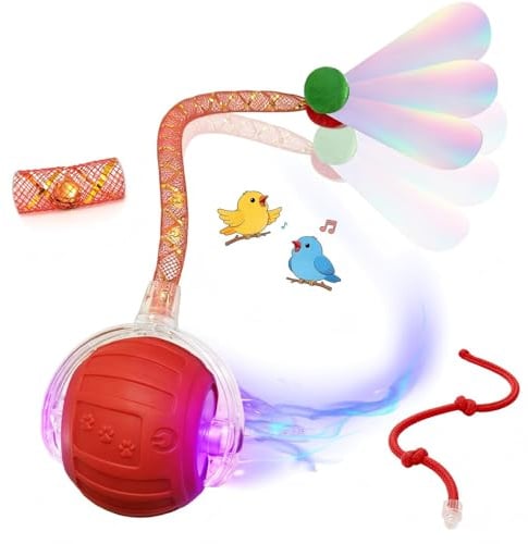 BCYPMYC Cat Toys Interactive Cat Toy Cat Ball Toy USB Rechargeable Self-Moving Ball Can Emit Bird Chirps The Tail Has a Bell Attached Stimulates Cats' Hunting Instincts With 3 Modes (Red).