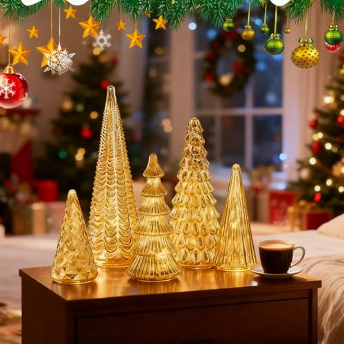 Set Of 5 Illuminated Mercury Glass Christmas Tree,Mercury Glass Christmas Tree,Christmas Lighted Tree Figurine Decor,Upgrade Tree For Xmas Home Party Centerpiece Tabletop Decorations (5pcs)