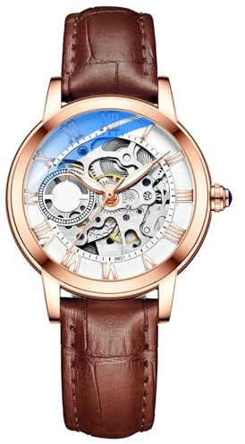 JUSKAQZYI automatikuhr Lässige, Hohle, mechanische Uhr, Leuchtend, wasserdicht, vollautomatische Uhr, Lederarmband, geeignet als Geschenk for Frauen armbanduhren