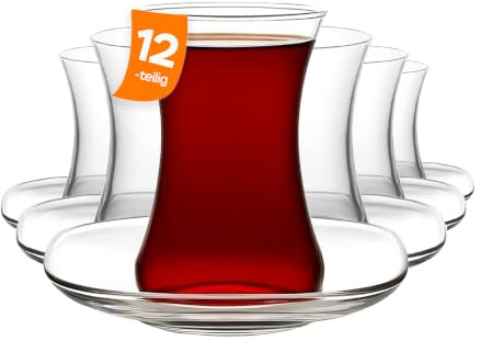 NORDIC SCHILLER Türkische Teegläser 155ml (6 Teegläser + 6 Untertassen) Tee Gläser, Glas Cappuccino Tassen, Hochwertiges Spülmaschinengeeignet, Luxuriöses Design für Tee, Çay Bardagi, Tea Glasses
