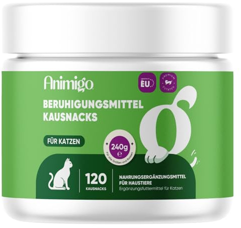 animigo Beruhigungsmittel für Katzen - 120 Entspannung Kausnacks mit Passionsblume, Zitronenmelisse, Taurin, Magnesium, Ashwagandha, Vitamin B1, Lachsöl - Bei Feuerwerk, Gewitter, Angst, Nervosität