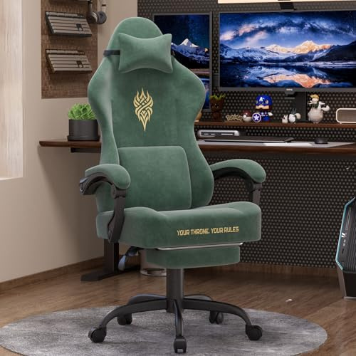 Verdego Chaise Gaming Ergonomique, Fauteuil Gaming avec Support Lombaire Massante, Repose-Pieds Télescopique, Appui-Tête, Tissu Velours, Inclinable 125°, Chaise Gamer Réglable en Hauteur (Vert)