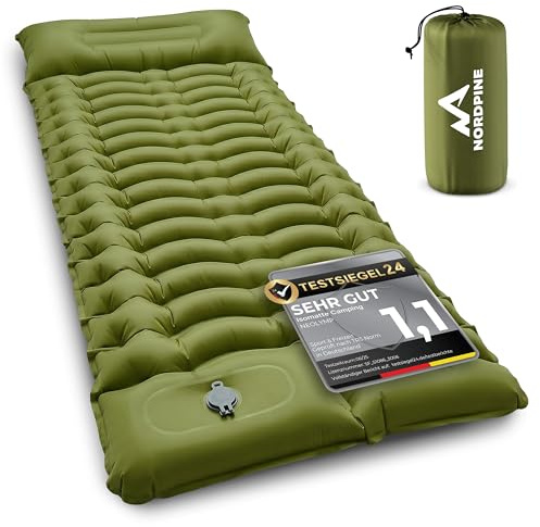 NEOLYMP NORDPINE Isomatte Camping - Integrierte Fußpumpe, Aufblasbar, 10 cm Dick - 200x70 cm, Ultraleicht 0,9 kg, Packmaß 25x12 cm - Aufblasbare Isomatte Luftmatratze Schlafmatte (Army Green)