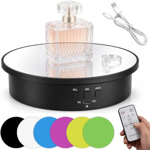 25cm Elektrisch Drehteller — Drehscheibe mit 6 Hintergründen, 3 Geschwindigkeit, 90°/180°/360° Rotation,Tragkraft 8kg, Motorisierter Drehteller mit Fernbedienung für Produktfotografie & Live-Video