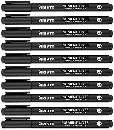 Aristo AR23501 Pigmentliner 0,1 mm (Fineliner mit hochpigmentierter Tinte, licht- und wasserbeständig, metallgefasste Spitze) 10 Stück, schwarz