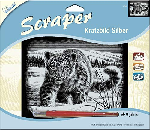 MAMMUT 137009 - Kratzbild, Motiv Schneeleopard, silber, glänzend, quer, Komplettset mit Kratzmesser und Übungsblatt, Scraper, Scratch, Kritzel, Kratzset für Kinder ab 8 Jahre