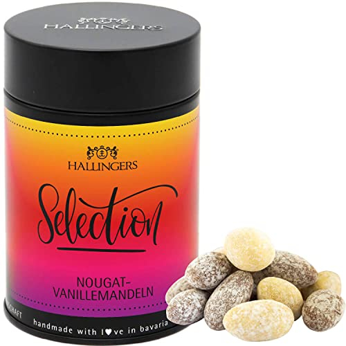 Hallingers Selection - Nougat - Nougat-schokolierte Vanille-Mandeln handgemacht - fix und fertig als Geschenk (Dose) - Geschenk im Sommer & als perfektes Grillgeschenk | Geburtstag Glückwunsch Danke J